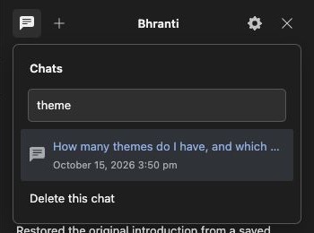 The Chats menu filtered by the word theme, with an existing conversation selected and Delete this chat below it.