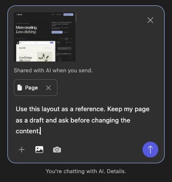 Bhranti message box with a layout reference preview, Page context chip and a draft request.